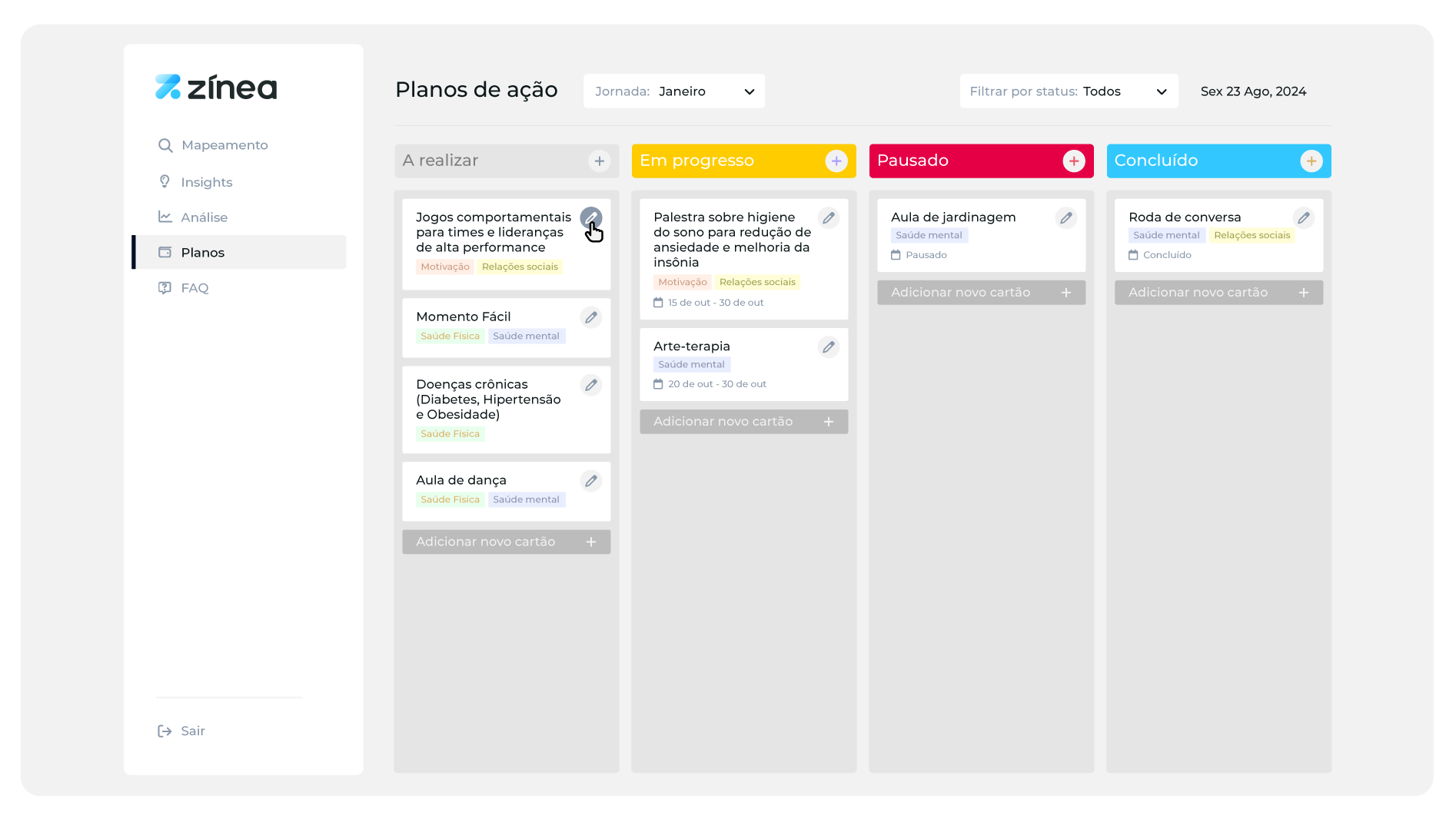 Planos de ação da Zínea em kanban