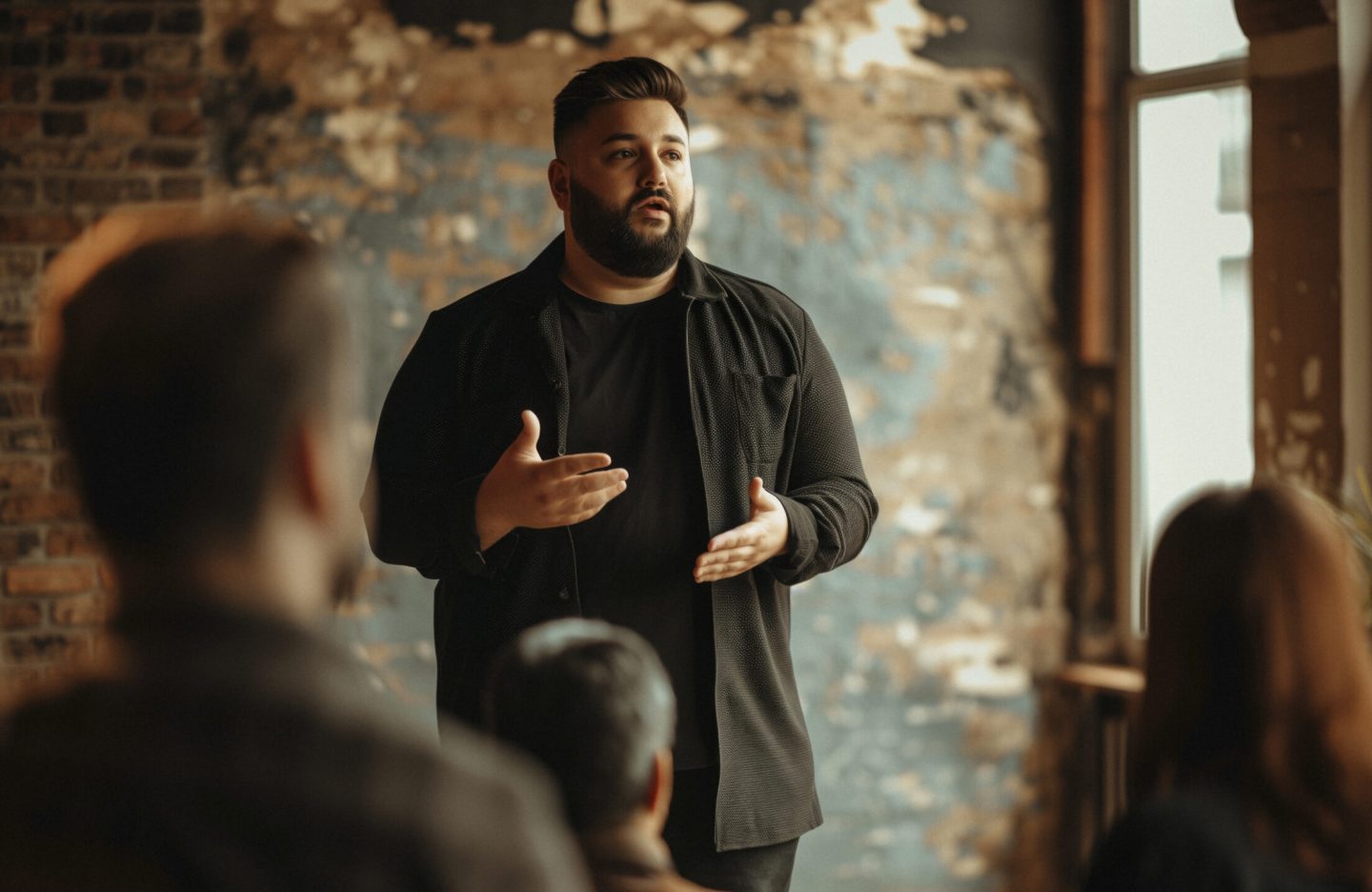 A plus-size male influencer hosting a workshop or panel discussion, sharing his expertise and inspiring others with his empowering message of self-love and body positivity. cinematic photo, photography, with cinematic tones --ar 16:9 Job ID: 1c6c9bc0-50b4-45f9-985a-cf697fcb9619